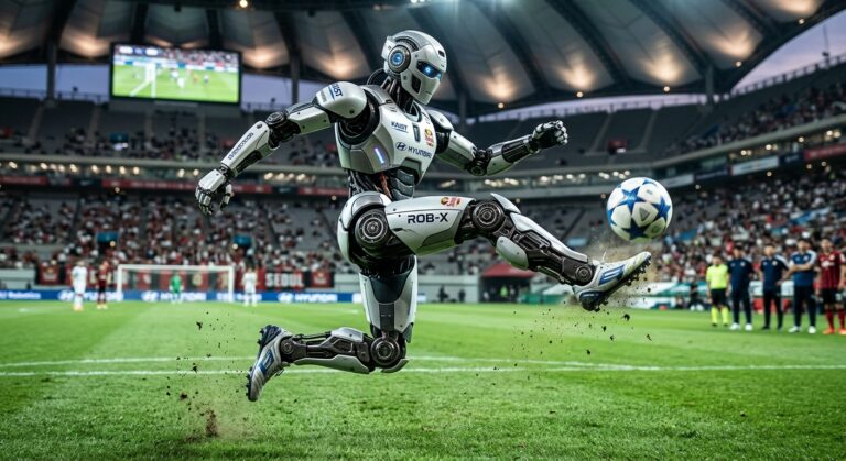 Le robot humanoïde KAIST v0.7 frappe le ballon sur un terrain de football