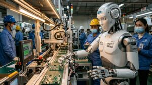 Robot humanoïde Lingshu de Youibot plaçant des semi-conducteurs sur une ligne de production à Hefei, Chine