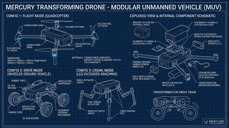 Schéma technique du drone Mercury transformable en 3D, vue en trois modes : vol, roulage et reptation