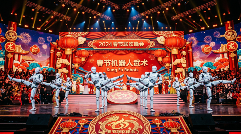 Formation de robots humanoïdes Unitree exécutant des arts martiaux lors du Gala du Printemps chinois 2026
