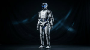 Robot humanoïde Neura Robotics 4NE-1 Gen 3.5, portrait studio sur fond sombre avec éclairage bleu