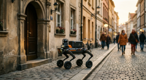 Robot RIVR wheeled-legged livrant un colis dans une rue urbaine européenne