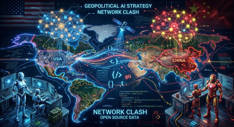Carte géopolitique symbolisant la guerre technologique entre la Chine et les États-Unis sur l'IA et la robotique