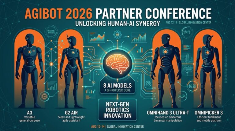 Infographie des cinq nouveaux robots et huit modeles IA devoilés par AGIBOT à l APC 2026 à Shanghai