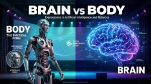 Illustration robot humanoide cerveau IA versus corps mecanique