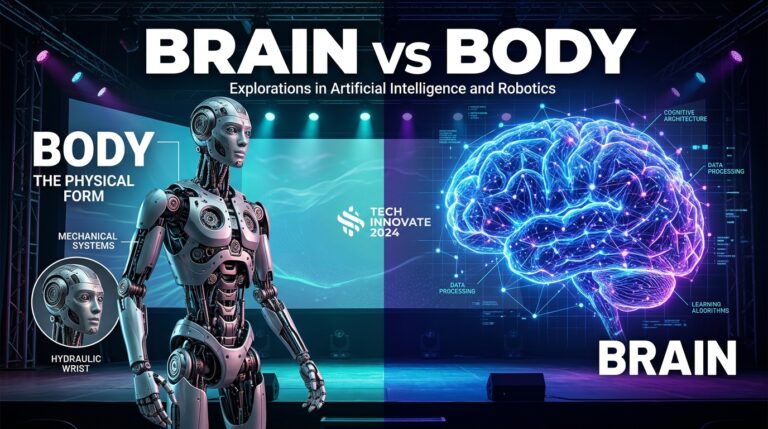 Illustration robot humanoide cerveau IA versus corps mecanique