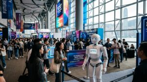 Robots humanoides exposes au Convention Centre de Hong Kong en avril 2026