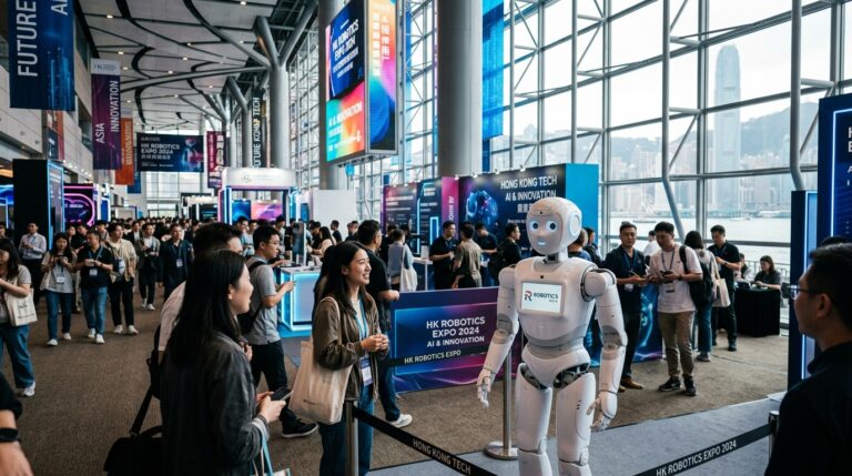 Robots humanoides exposes au Convention Centre de Hong Kong en avril 2026