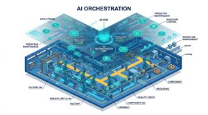 Illustration robots industriels connectes par une plateforme IA unifiee
