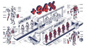 Illustration isometrique de la production de robots humanoides en Chine par Unitree et AgiBot avec hausse de 94 pourcent