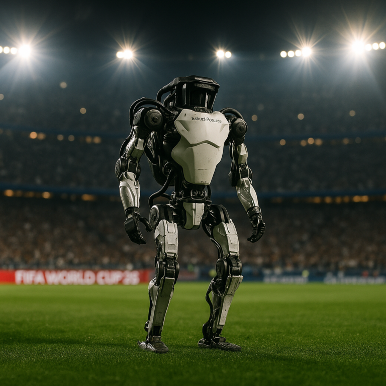Robot Atlas de Boston Dynamics sur une pelouse de stade lors de la Coupe du Monde FIFA 2026