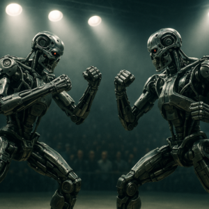 Deux robots humanoides T800 en position de combat dans une arene URKL