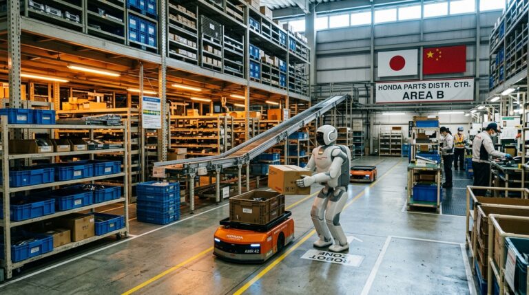 Robot humanoid UBTech Walker operant dans un entrepot logistique automobile Honda