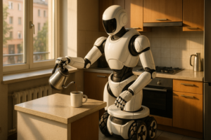 Robot humanoide Panther de UniX AI servant le petit-dejeuner dans un appartement