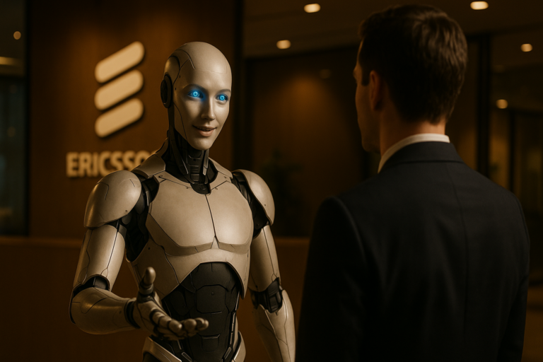 Robot humanoide Realbotix equipe du systeme Vinci chez Ericsson