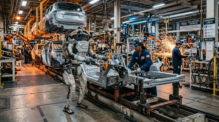 Robot humanoide Atlas de Boston Dynamics sur une ligne assemblage automobile Kia en Georgie