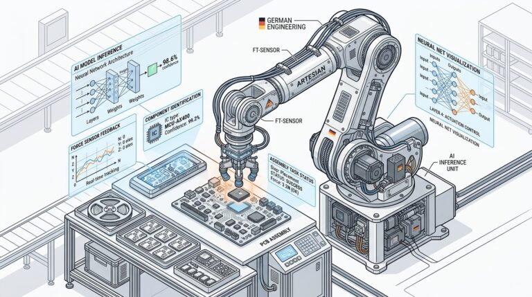 Bras robotique Agile Robots equipe de capteurs de force dans un environnement industriel avec surcouches IA