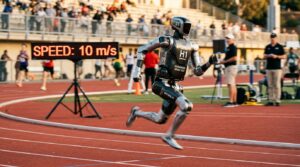 Robot humanode Unitree H1 sprintant a 10 m/s sur une piste d athletisme