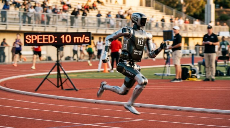 Robot humanode Unitree H1 sprintant a 10 m/s sur une piste d athletisme