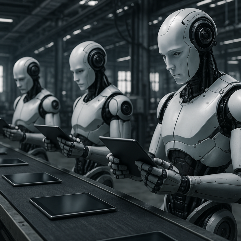 Robots humanoides AgiBot Genie G2 sur une chaine assemblage de tablettes a Nanchang