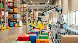 Bras robotise Smart Robotics de picking IA dans un entrepot europeen