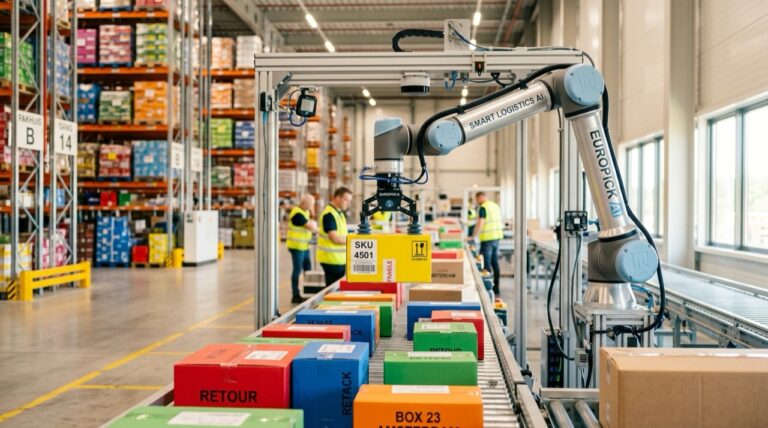 Bras robotise Smart Robotics de picking IA dans un entrepot europeen