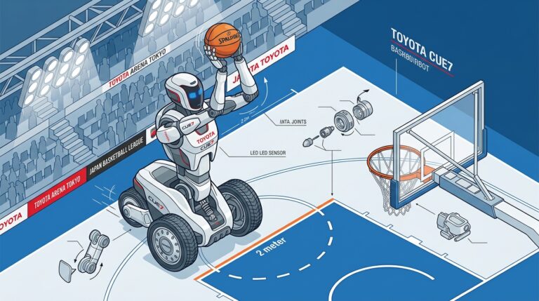 Robot Toyota CUE7 jouant au basketball sur le terrain de la Toyota Arena Tokyo