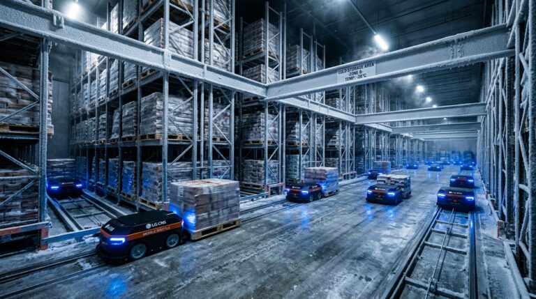 Robots navettes LG CNS Mobile Shuttle operant dans un entrepot a moins 26 degres