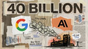 Collage editorial illustrant linvestissement de 40 milliards de dollars de Google dans Anthropic et la fourniture de 5 GW de TPU