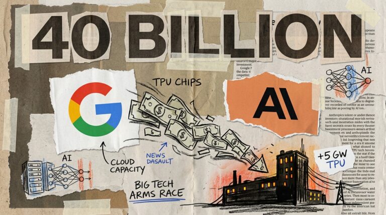 Collage editorial illustrant linvestissement de 40 milliards de dollars de Google dans Anthropic et la fourniture de 5 GW de TPU
