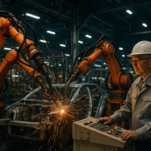 Robots industriels japonais dans une usine avec un ouvrier age superviseur