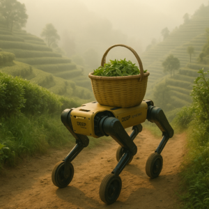 Robot quadrupede LYNX M20 transportant des feuilles de the sur un sentier de montagne a Hangzhou