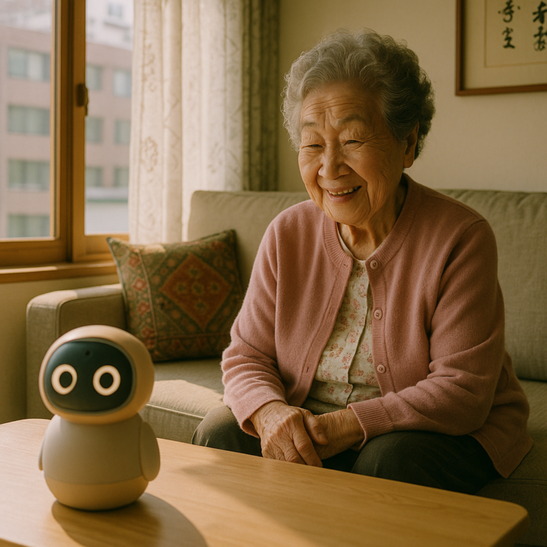 Robot compagnon IA ChatGPT tenant compagnie a une personne agee en Coree du Sud