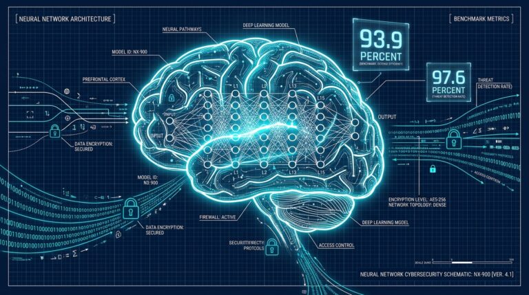 Illustration du modele IA Claude Mythos par Anthropic avec visualisation de donnees de cybersecurite