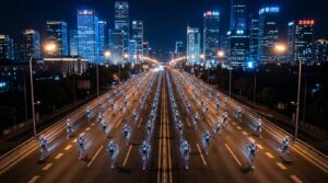 Dizaines de robots humanoides courant de nuit lors du test du demi-marathon de Pekin 2026