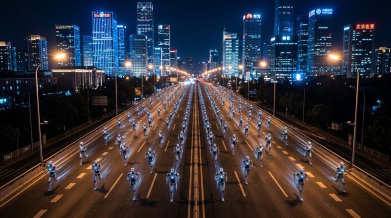 Dizaines de robots humanoides courant de nuit lors du test du demi-marathon de Pekin 2026