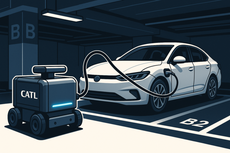 Robot autonome CATL CharGo rechargeant une voiture electrique dans un parking