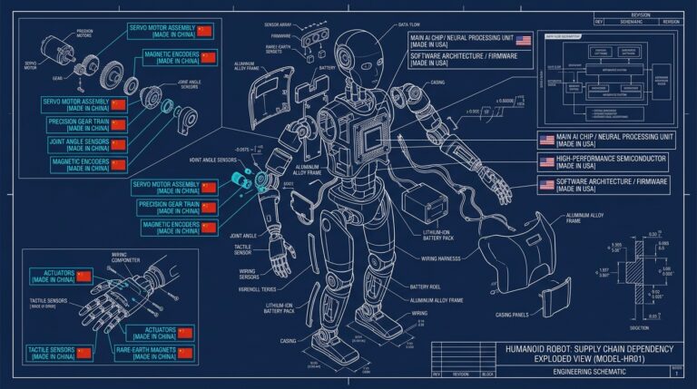 Schema technique montrant la dependance des robots humanoides americains aux composants chinois