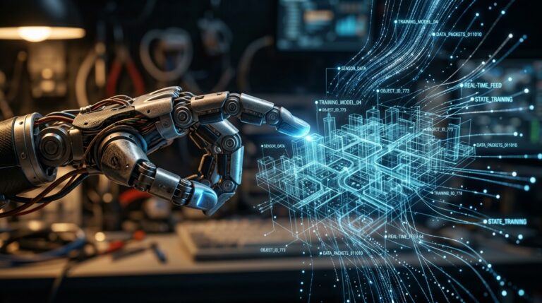 Main robotique interagissant avec un environnement de simulation holographique Genie Sim 3.0 AGIBOT