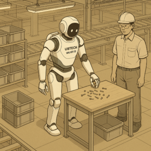 Robot humanoide UBTech Walker S1 apprenant a saisir des pieces dans une usine en Chine