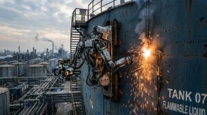 Robot humanoide grimpeur soudant sur la paroi verticale d une cuve chimique industrielle