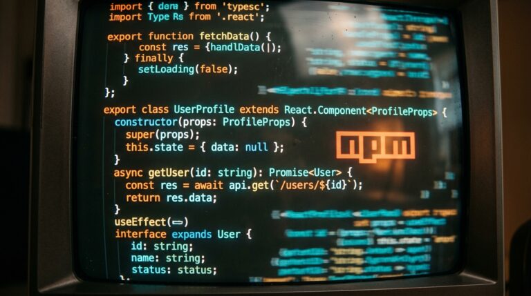 Ecran affichant du code source TypeScript avec le logo npm en reflet