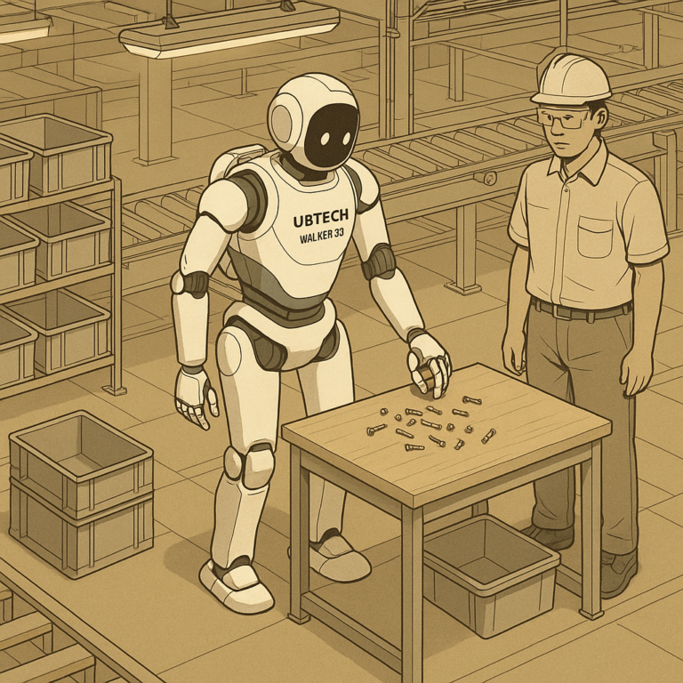 Robot humanoide UBTech Walker S1 apprenant a saisir des pieces dans une usine en Chine