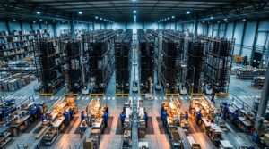 Vue aerienne entrepot Lyreco Villaines-la-Juhel avec robots Exotec Skypod