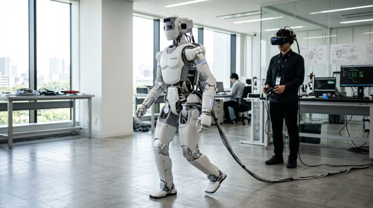 Prototype humanoide bipede de Tokyo Robotics en laboratoire