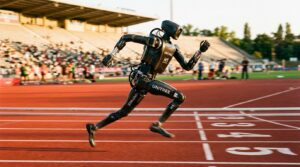 Robot humanoide en plein sprint sur une piste d athletisme
