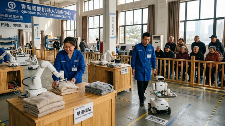 Robots en formation dans le centre de Qingdao pour le soin aux personnes agees en Chine