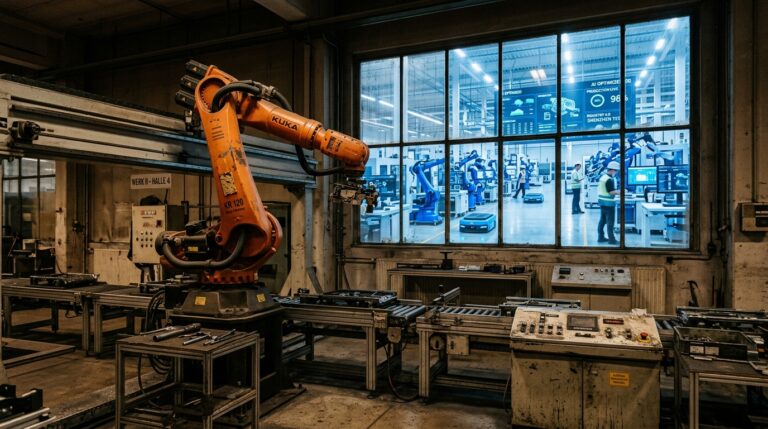 Robot industriel KUKA sur une ligne de production automobile en Europe