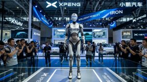 Robot humanoide XPENG IRON sur le stand du salon Auto China 2026 a Pekin
