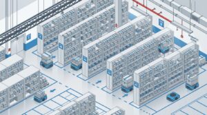 Illustration entrepot automatise avec robots mobiles autonomes sans humains